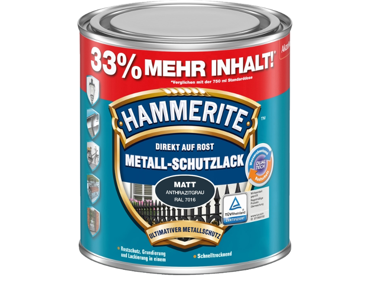 Dose matter anthrazitgrauer Metallschutzlack mit 33% mehr Inhalt, rostschützend und schnelltrocknend.