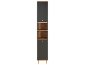 Dunkelgrauer Hochschrank mit offenen Holzregalen und Türen mit Griffen.