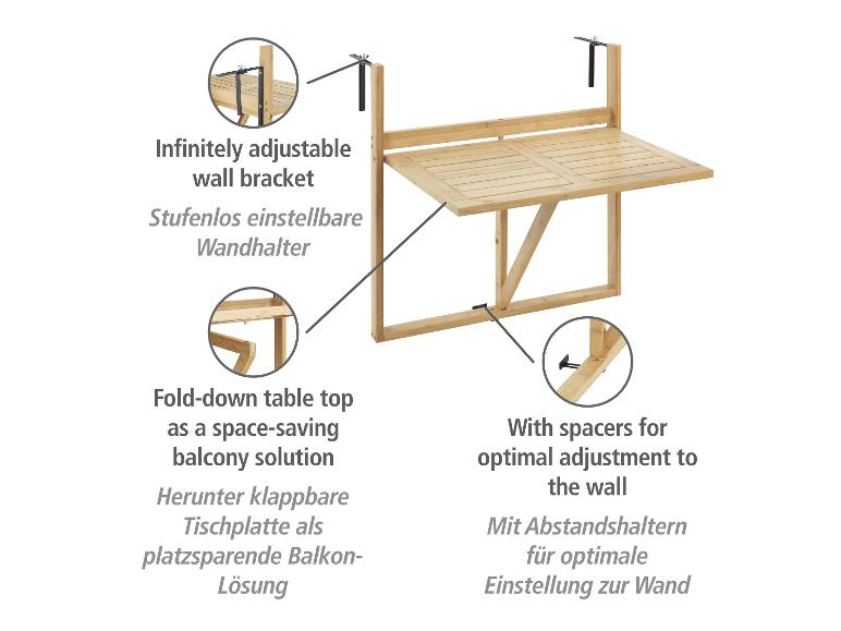 Klappbarer Balkontisch aus Holz mit stufenlos einstellbarer Wandhalterung und Abstandshaltern.