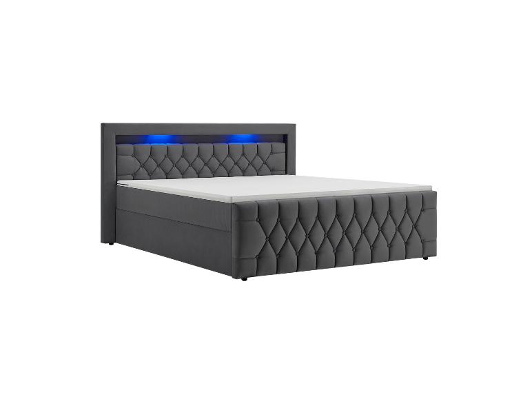 Graues Doppelbett mit gepolstertem Kopfteil und blauer LED-Beleuchtung.