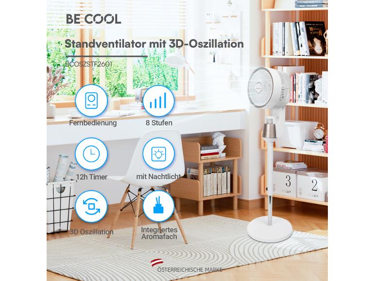 Standventilator mit 3D-Oszillation, Fernbedienung, 8 Stufen, 12h Timer, Nachtlicht und integriertem Aromafach.