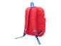 Roter Rucksack mit blauen Trägern und Griff, Rückansicht