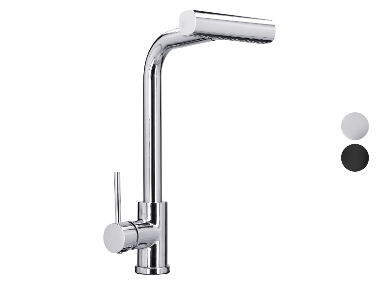 LIVARNO® Küchenarmatur mit herausziehbarer Brause in Chrom, mit schwarzen und weißen Farbmustern.