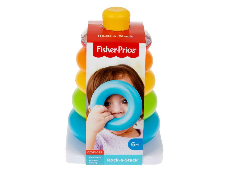Buntes Stapelring-Spielzeug mit Baby auf der Verpackung, fördert Feinmotorik.