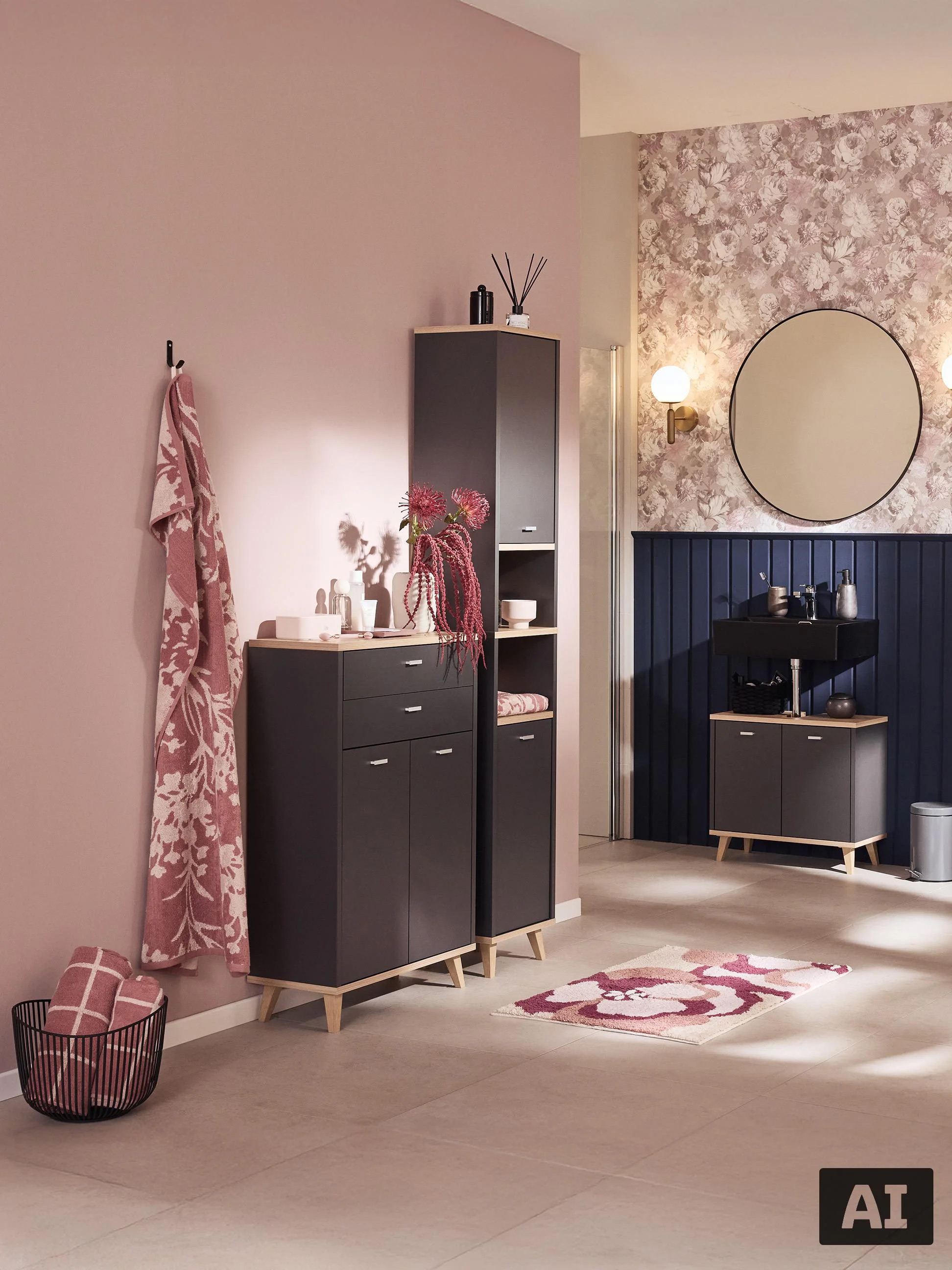 Moderne Badezimmermöbel in Rosa- und Dunkelgrautönen.