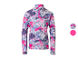 Damen-Langarmshirt mit abstraktem Muster in Pink, Lila und Weiß, und pinkem Reißverschluss.