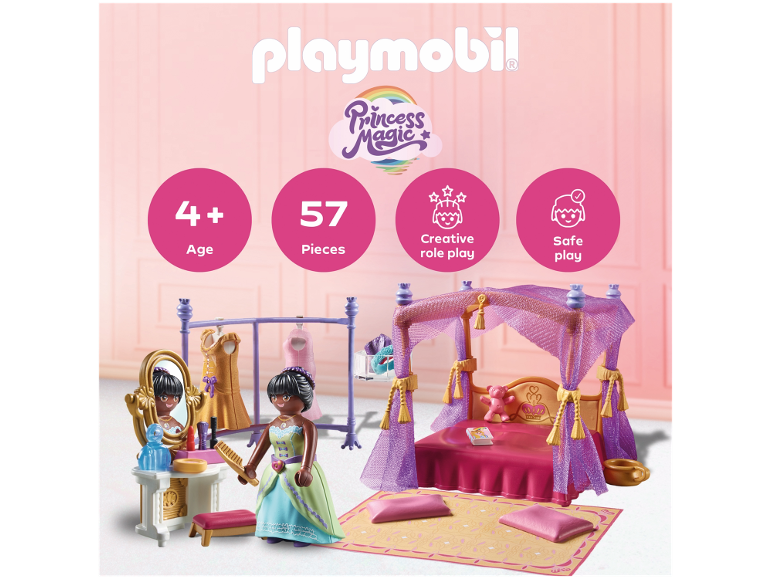 Kinderspielset mit Prinzessin, Schlafzimmer, Schminktisch und Kleiderständer.