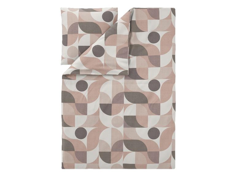 Bettwäsche-Set mit geometrischem Muster aus Kreisen und Quadraten in Rosa- und Grautönen.