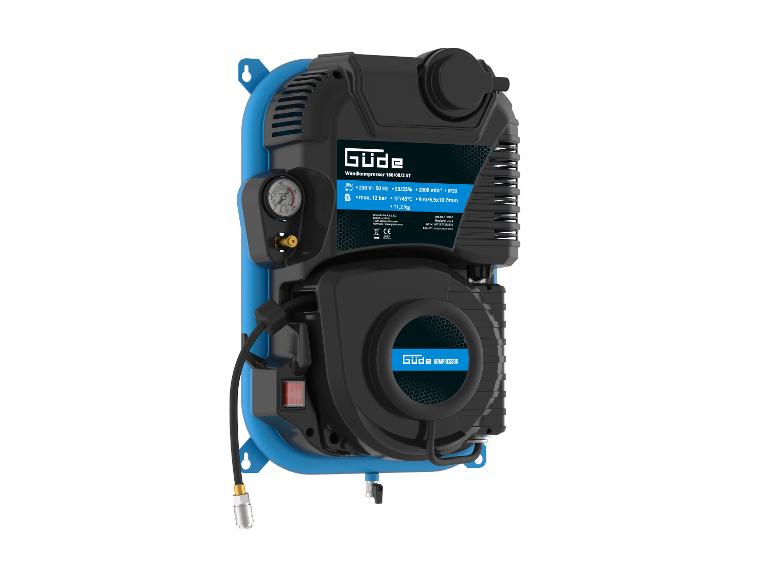 Güde Wandkompressor 160/08/2 ST, blau und schwarz, mit Manometer und Spezifikationen.