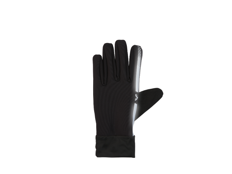 Schwarzer Handschuh mit reflektierenden Details und stilisiertem Logo.