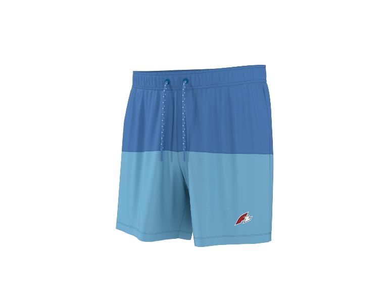 Zweifarbige blaue Badeshorts mit Kordelzug und Logo am Bein.