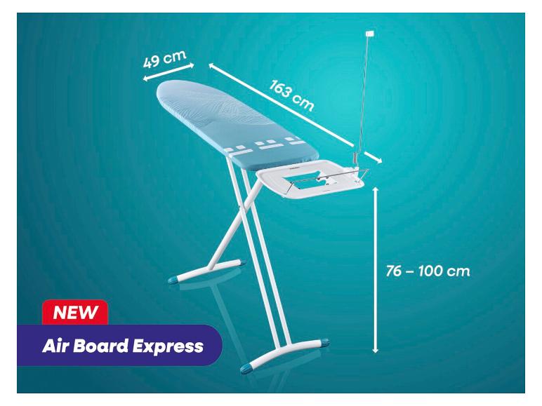 Bügelbrett Air Board Express mit Maßen 49x163 cm und verstellbarer Höhe 76-100 cm.