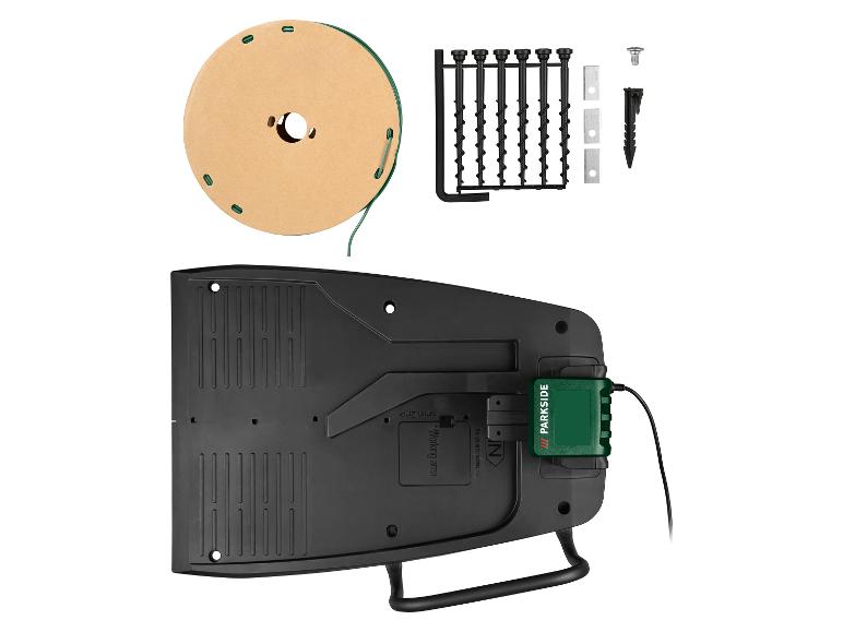 Mähroboter-Zubehör, bestehend aus Begrenzungskabel, Heringen und Ersatzklingen.