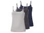 Drei Damen-Spaghettiträger-Tops in Hellgrau, Dunkelgrau und Marineblau.