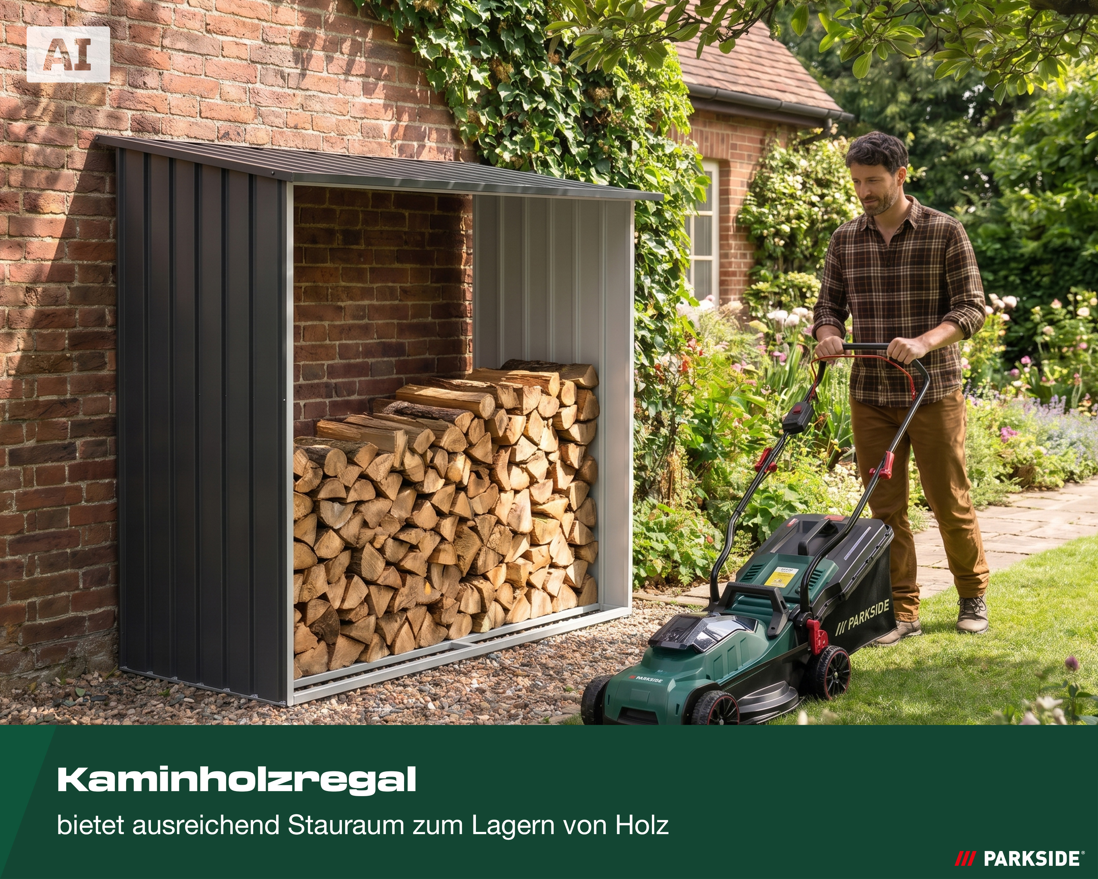 AI-Darstellung: PARKSIDE Kaminholzregal im Garten – Kaminholzregal bietet ausreichend Stauraum zum Lagern von Holz