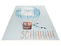 Ein blauer Teppich mit einem Heißluftballon, Tieren und dem Schriftzug 'SCHHHH'