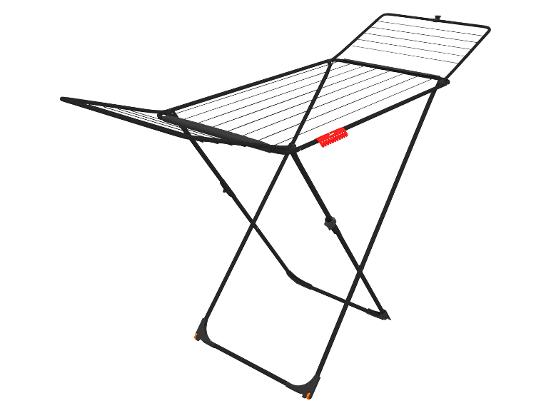 Schwarzer zusammenklappbarer Wäscheständer.