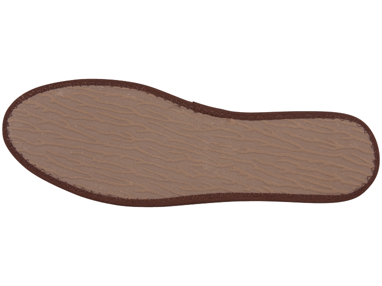 Braune Schuhsohle mit Wellenmuster und genähtem Rand.