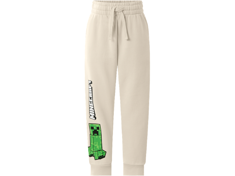 Beige Kinder-Jogginghose mit Blockspiel-Aufdruck.