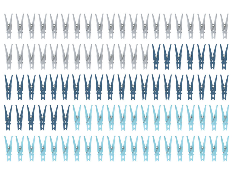 Eine Sammlung von grauen, blauen und hellblauen Wäscheklammern.
