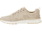 Beige gestrickte Sportschuhe mit weißer Sohle und beigen Schnürsenkeln.