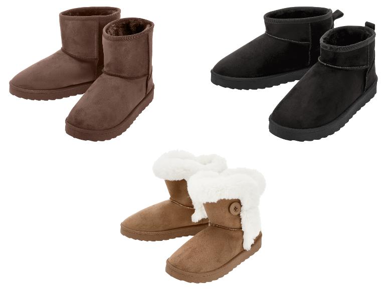Drei Paar Winterstiefel: braun, schwarz und braun mit weißem Fellbesatz.
