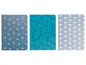 Drei Notizbücher mit geometrischen Mustern in Blau und Türkis.