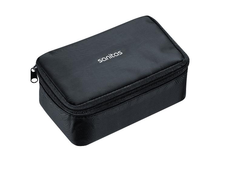 Eine schwarze Sanitas Tasche mit Reißverschluss zur Aufbewahrung von medizinischen Geräten.