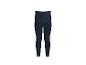 Dunkelblaue Jeans-Leggings mit orangefarbenen Nähten.