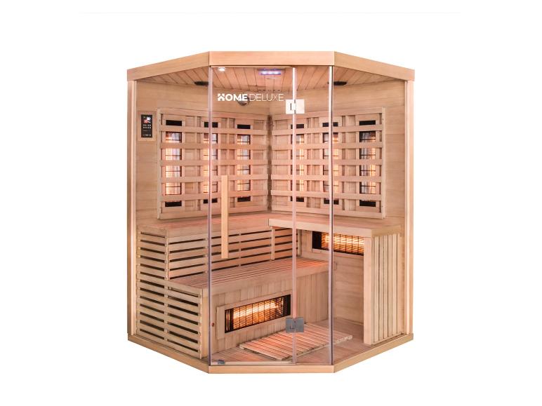 Helle Eck-Infrarotsauna aus Holz mit Glastür und Heizpaneelen, Marke HOMEDELUXE.