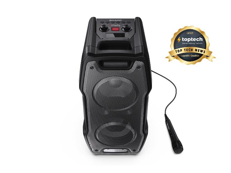 Schwarzer Party-Lautsprecher mit Mikrofon und „Top Tech News“-Auszeichnung.