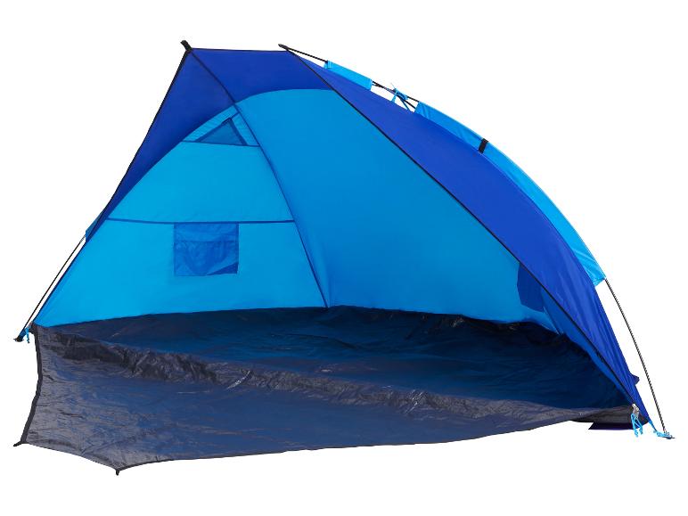 Blaues und schwarzes Zelt für Camping oder Strand.