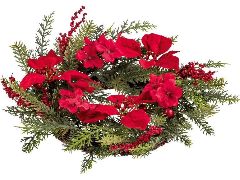 Weihnachtskranz mit roten Weihnachtssternen, Beeren und immergrünem Laub