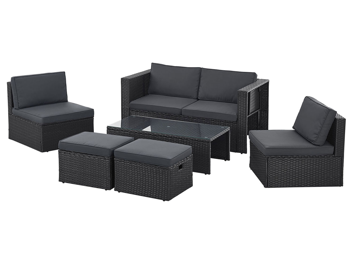 Juskys Polyrattan Lounge Salou (Schwarz/Grau)““ | ideal für den Einsatz im Außenbereich. Die Bezüge sind abnehmbar und waschbar. Die weich gepolsterten Rücken- und Sitzkissen der Garten-Garnitur sorgen für einen hohen Komfort über viele Stunden hinweg. Der pulverbeschichtete Stahl ist kratzfest und erlaubt eine hohe Belastbarkeit der Möbelstücke von bis zu 160 kg pro Sitzplatz. Die geradlinige Gestaltung und das trendige Polyrattan-Geflecht bieten eine moderne & elegante Optik. Als Hingucker in jedem Garten. Produktmerkmale tabletd Serie: Salou Set: 6-teilig Funktion: robust und kratzfest Witterungsbeständig: ja Material: Polyrattan, Stahl pulverbeschichtet