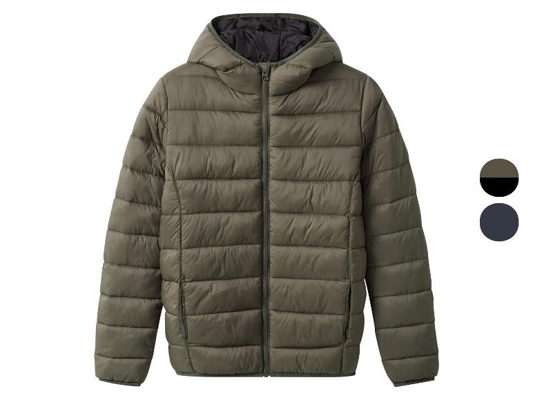 Olivengrüne Daunenjacke mit Kapuze.