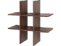 Braunes modulares Holzregal mit mehreren Fächern auf schwarzem Hintergrund.