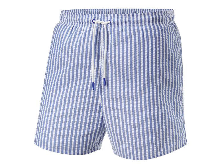 Blau-weiß gestreifte Badehose.