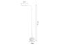 Weiße Stehlampe mit einer Höhe von 130 cm, einer Kopflänge von 28 cm und einem Basisdurchmesser von 21 cm.