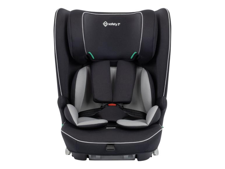 Schwarzer Kindersitz mit grauen Akzenten und Fünfpunkt-Sicherheitsgurt.