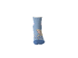 Hellblaue Socke mit Zeichentrickfigur und rosa Text.