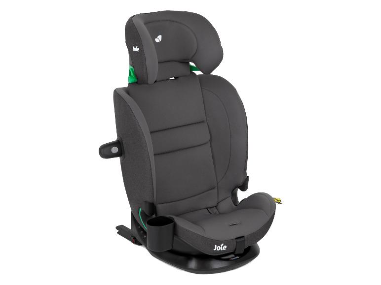 Grauer Kindersitz mit verstellbarer Kopfstütze und Getränkehalter.