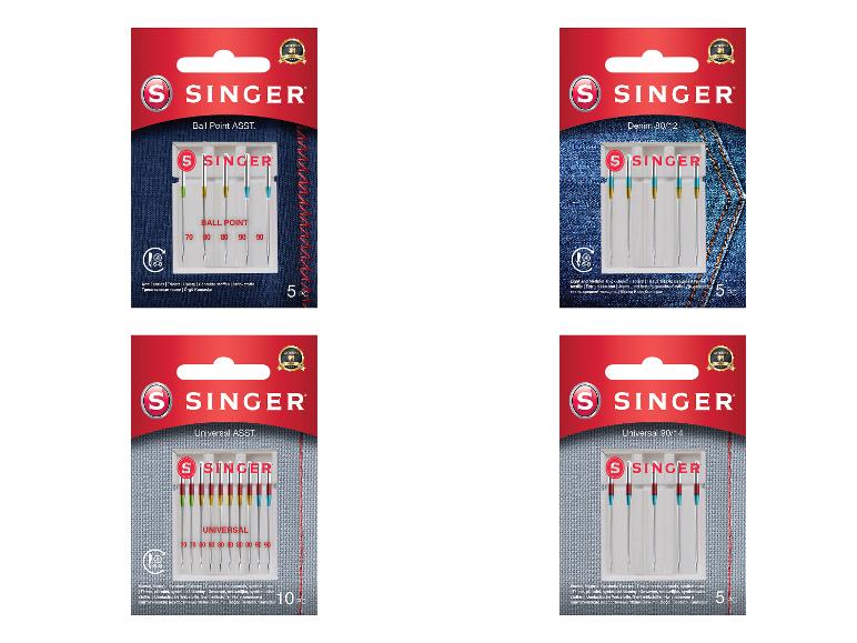 Sortierte Nähmaschinennadeln für verschiedene Stoffe, darunter Ball Point, Denim und Universal.
