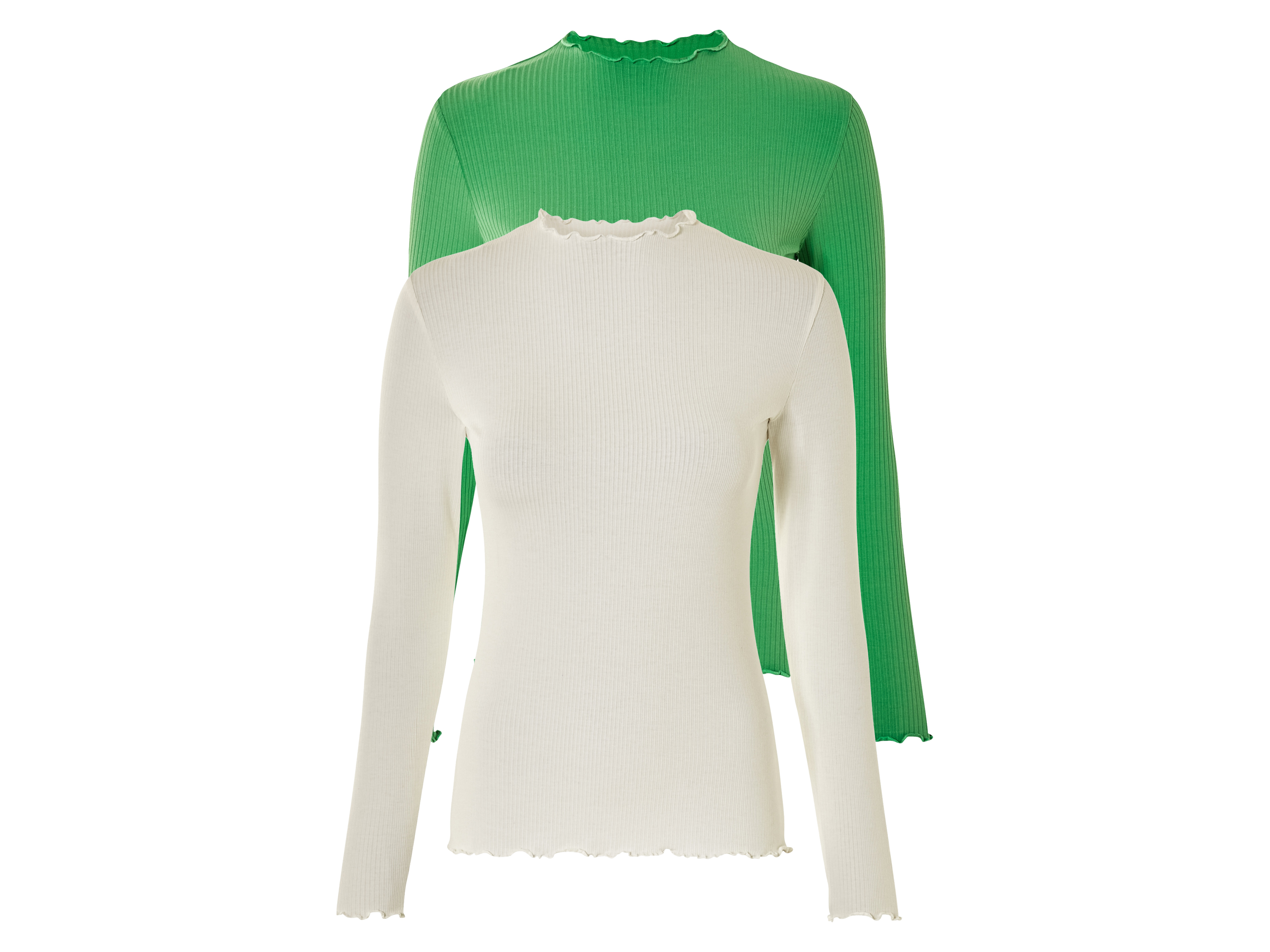 esmara® Damen Langarmshirt Rippe 2er (Grün/Weiß, L(44/46))““ | schwarz/blau, schwarz/marine Muster: – Detail: weiche Ripp-Qualität modischem Kräuselsaum Schnitt: körpernah geschnitten Ausschnitt: Rundhalsausschnitt Multipack: 2 Stück Material: Polyester recycelt, 33 % Viskose Lenzing™ Ecovero Elasthan Lycra® Pflegehinweis: waschen bei max. 30 °C Pflegeleicht nicht bleichen nicht im Wäschetrockner trocknen bügeln bis 110 °C Stufe 1. Kein Bügeln mit Dampf nicht trockenreinigen Größe: XS 32/34 – L 44/46 Meine Lidl-Größe – so einfach gehts Deine Größe findest du in der Lidl-Größentabelle . Oeko-Tex® Standard 100 Geprüft auf Schadstoffe Zertifizierungsnummer: Hk020 189791 Testex Standard 100 by Oeko-Tex® ist die weltweit bekannteste, unabhängige Zertifizierung schadstoffgeprüfter Textil- und Lederprodukte aller Art – vom Garn und den Stoffen bis hin zum gebrauchsfertigen Artikel. Das Label bestätigt