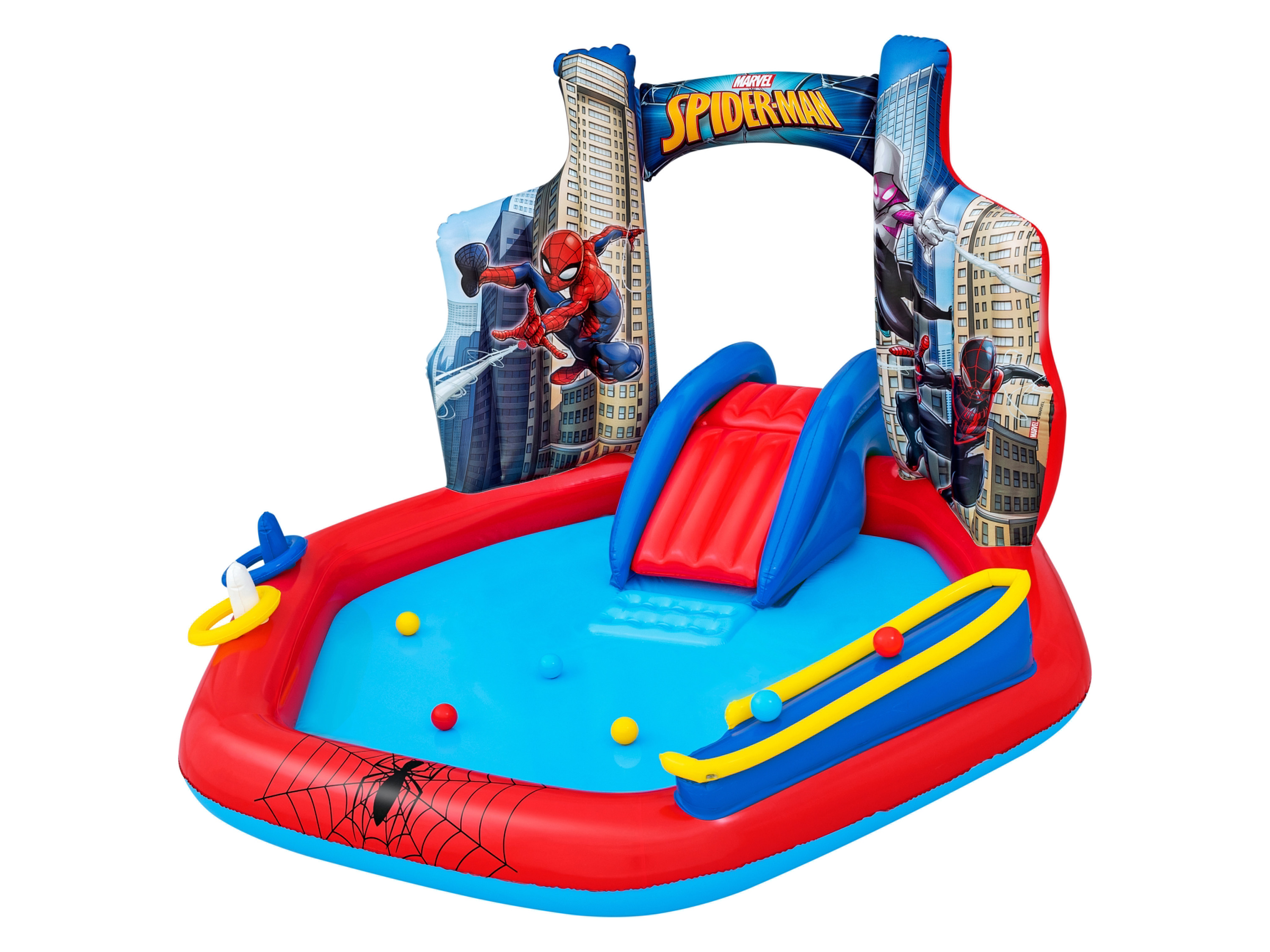 Bestway Wasserspielcenter (Spider-Man)““ | Reparaturflicken Disney Princess Wasserkapazität: 160 Liter Rutsche für mehr Sicherheit mit dem Beckenboden verschweißt Wand mit Sortierspiel inklusive mit 6 Spielbällen Transparenter Bogen mit Ringwurfspiel Ringe können auch als Kronen verwendet werden Bogen mit intergriertem Wassersprinkler mit Gartenschlauchanschluss Inhalt: 1 Pool, 3 Wurfringe in Kronenform, 6 Spielbälle