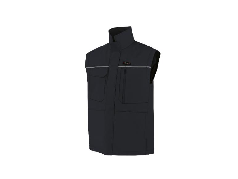 Dunkelblaue Arbeitsweste für Herren mit Reflexstreifen und Taschen.
