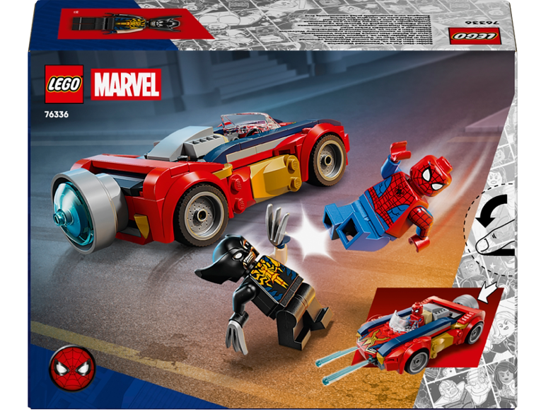 Spielzeug-Bausatz-Box mit einem roten Superhelden-Auto und zwei Minifiguren