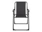 Schwarzer Klappstuhl mit Armlehnen, ideal für Camping oder Garten.