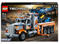 Lego Technic Set mit einem orangefarbenen Abschleppwagen mit Kran.
