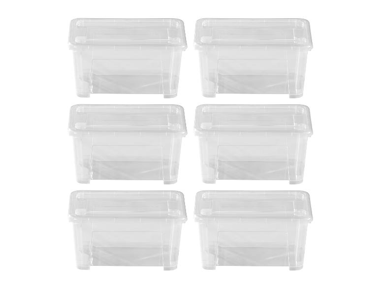 Sechs transparente Plastik-Aufbewahrungsboxen mit Deckeln, in zwei Spalten angeordnet.