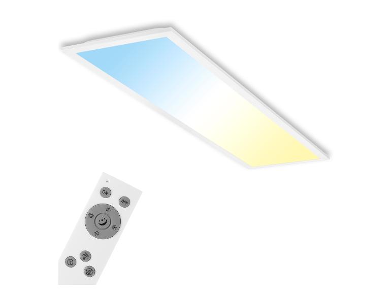 Eine rechteckige LED-Panel-Leuchte mit Fernbedienung, die eine einstellbare Farbtemperatur zeigt.